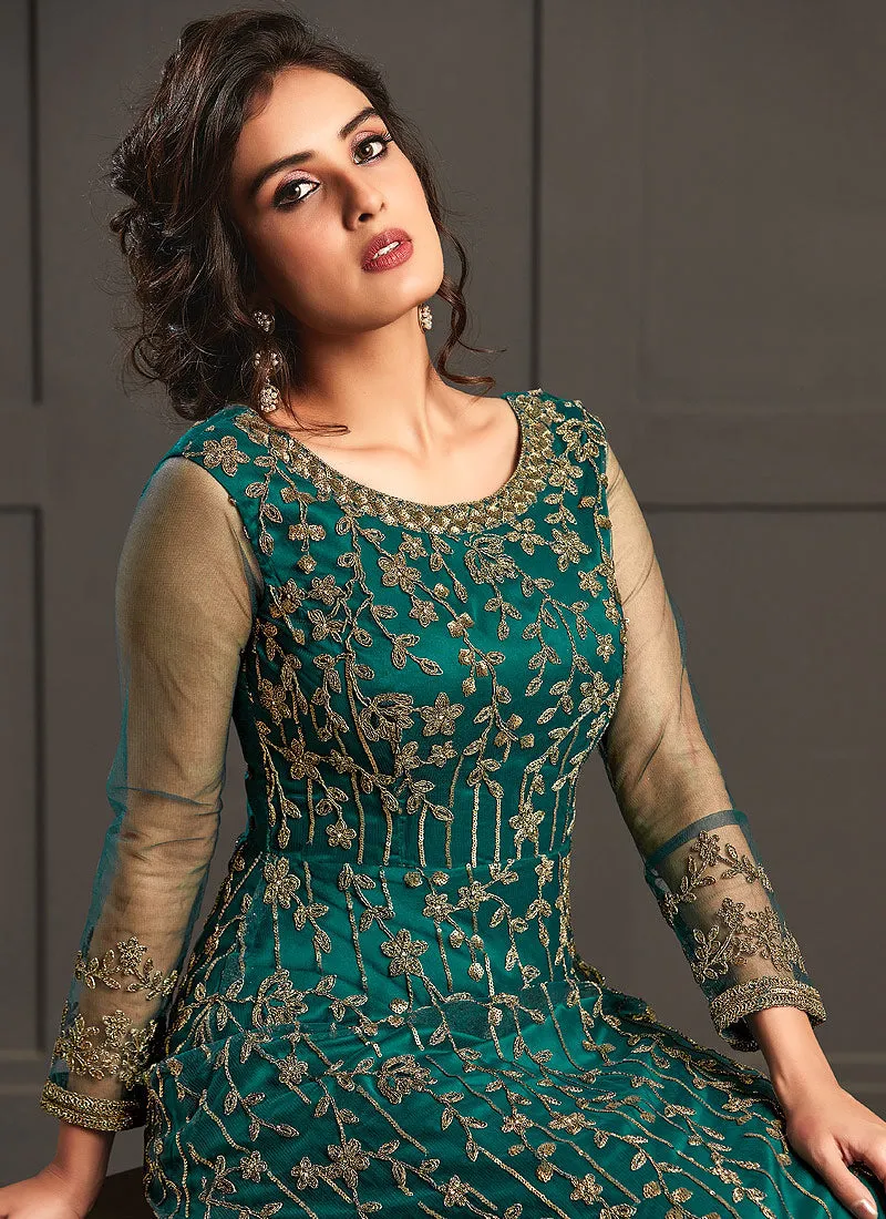 Turquoise Multi Embroidery Designer Wedding Gown